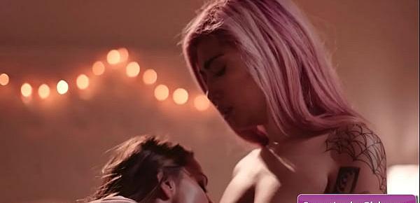  Sensual and horny big tit lesbian babes Aidra Fox, Evelyn Claire kissing tender and lick wet pussy for strong orgasms